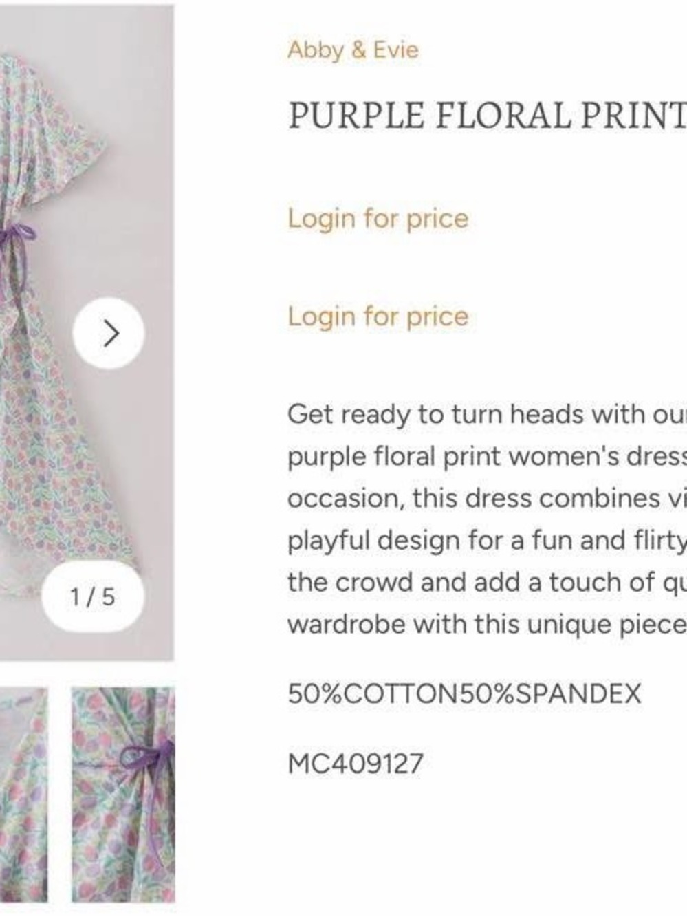 Abby & Evie Purple Floral Print Women's Dress